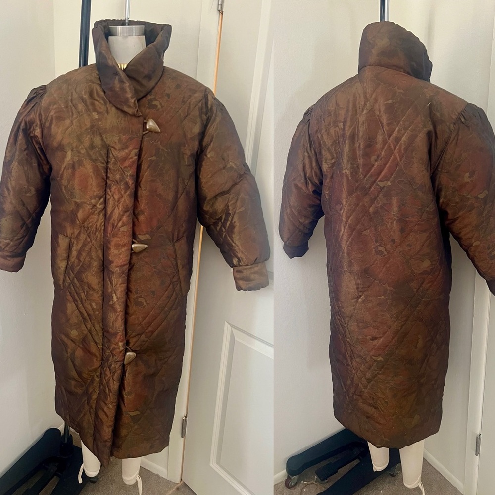 Vintage Copper Bronze Metallic Quilted Long Down Cocoon Puffer Coat M/L